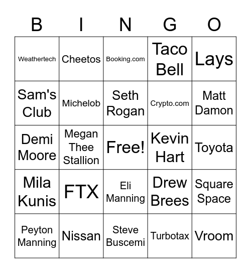 Superbowl Commercial Bingo Card