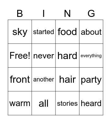 High Frequency Words Bingo Card