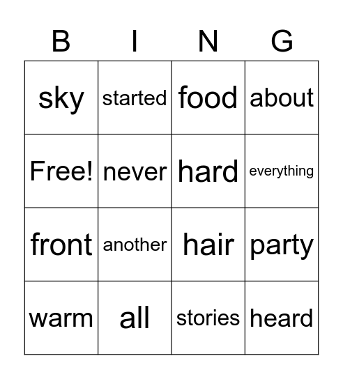 High Frequency Words Bingo Card