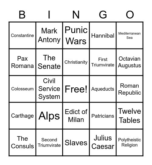 Ancient Rome Bingo Card