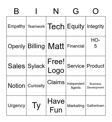 New Hire Bingo Card