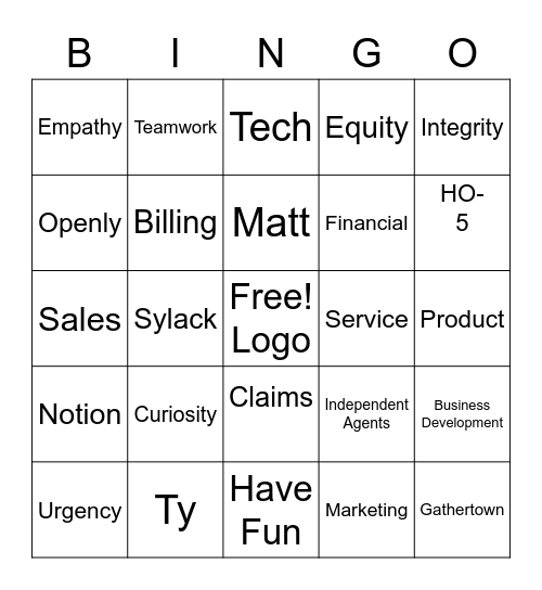New Hire Bingo Card