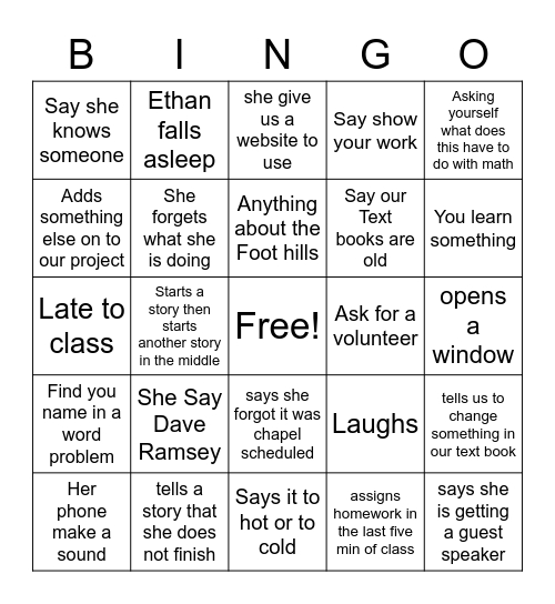 BusMath Bingo Card