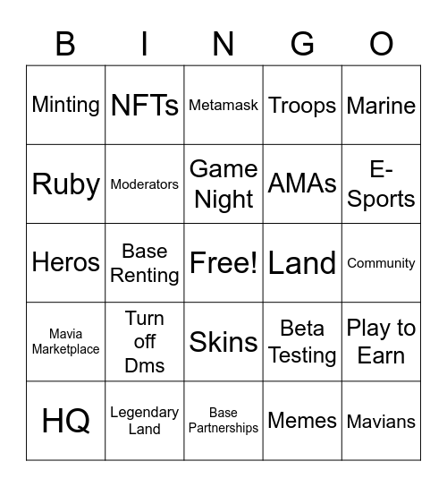 Mavian GAME NIGHT Bingo Card