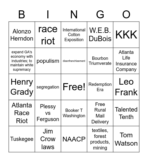 Unit 6 The New South Bingo Card