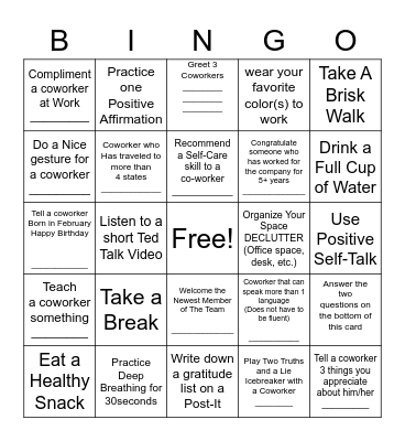 DDRP Self-Care Team Building Office Bingo Card