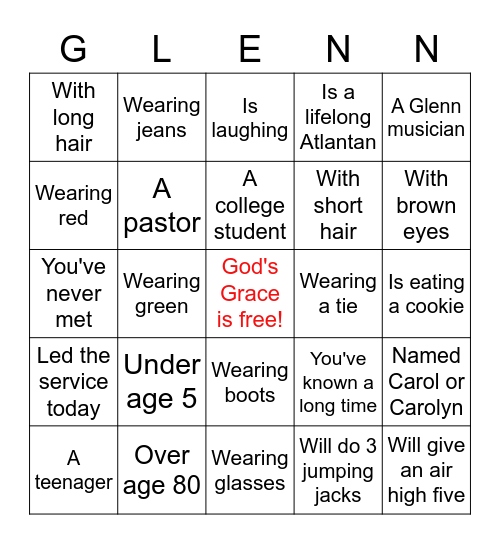 Glenn Church Bingo:  Find someone who... Bingo Card