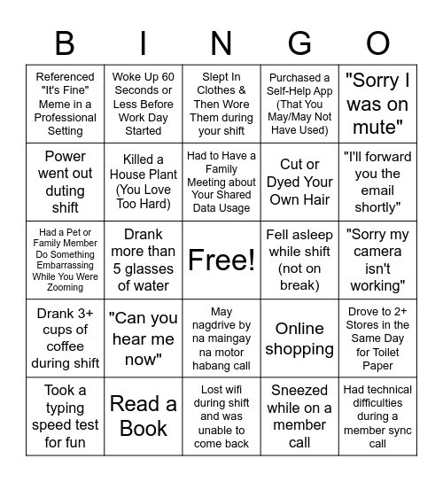 2020: Work From Home Edition Bingo Card