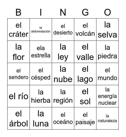 Lección 13 - La naturaleza Bingo Card