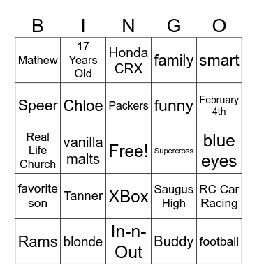 Tanner BINGO Card