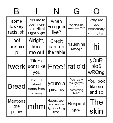 Tiktok comments bingo Card