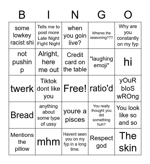 Tiktok comments bingo Card