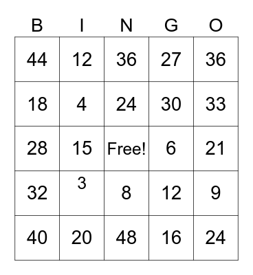 Multiplication 3 and 4 Bingo Card