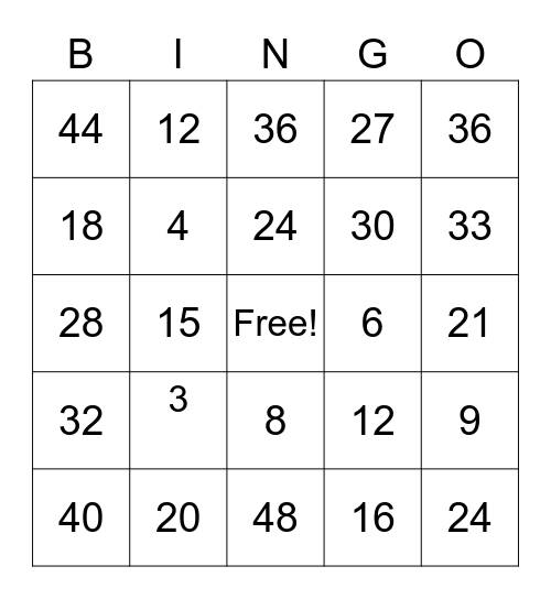 Multiplication 3 and 4 Bingo Card