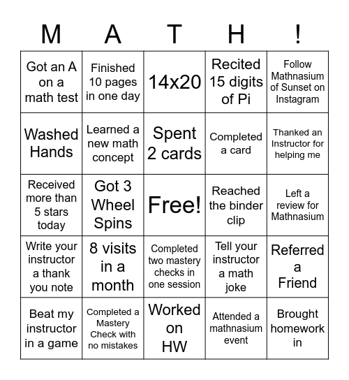 Mathnasium Bingo! Bingo Card