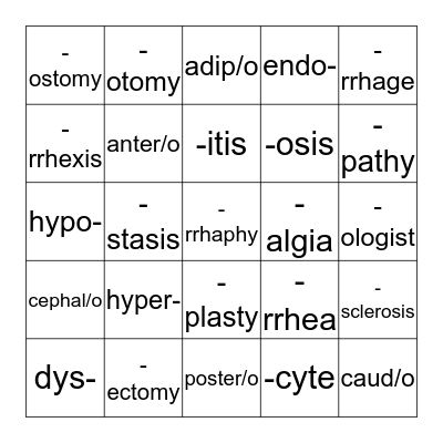 Medical Terminology Bingo Card