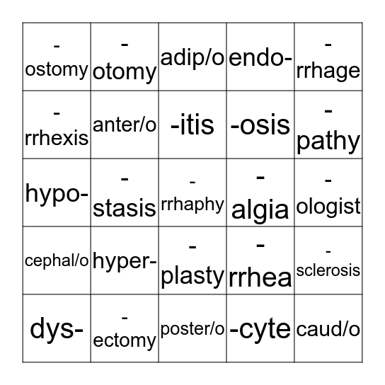 Medical Terminology Bingo Card