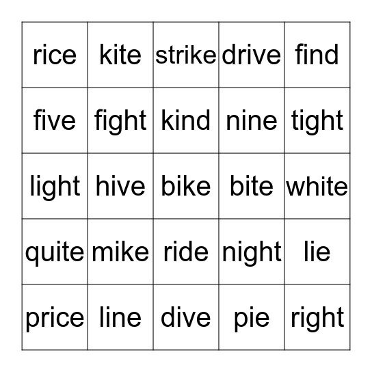 Long I Bingo Card