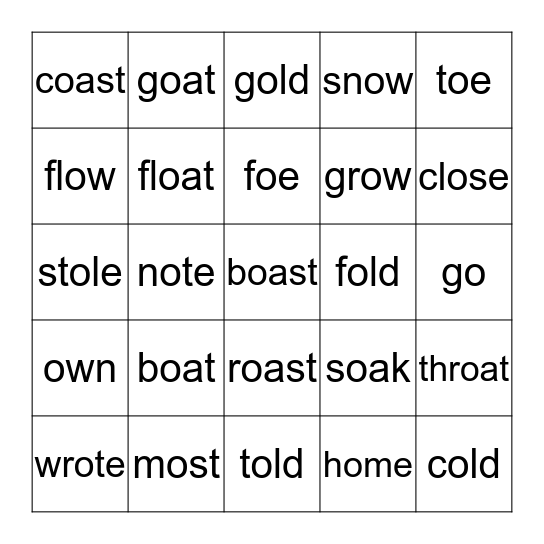 Long O Bing Bingo Card