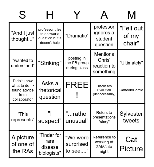 Shyam Dissertation Defense Bingo Card