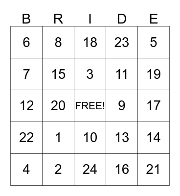 Bridal Bingo Card