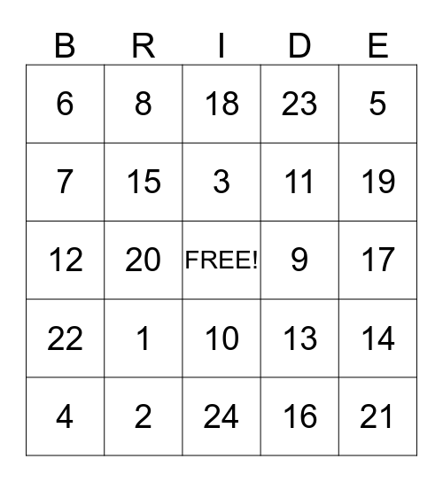 Bridal Bingo Card