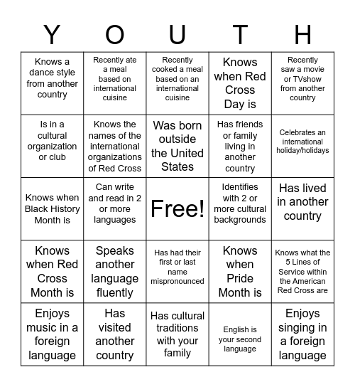 Youth Diversity and Inclusion Bingo Card