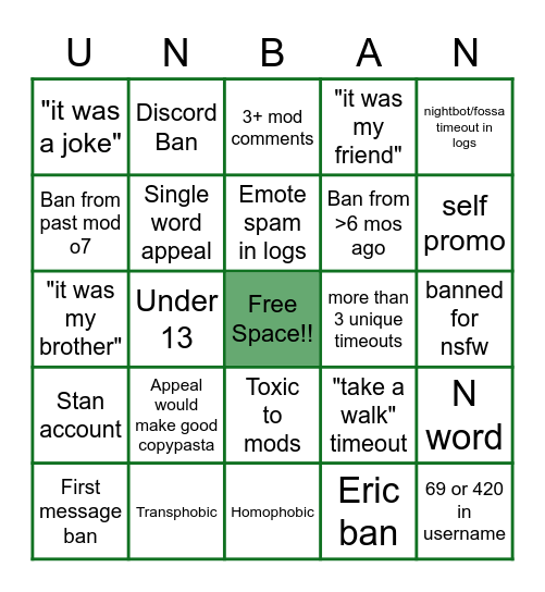 Ban Appeal Bingo Card