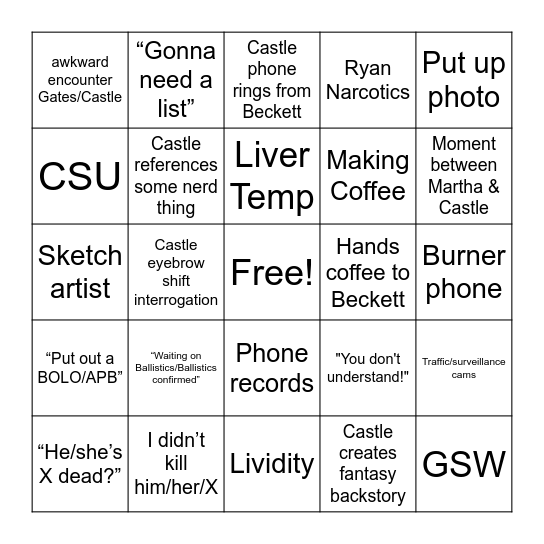 Castle Bingo Card