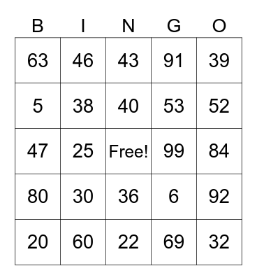 Number Bingo Card