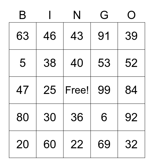 Number Bingo Card