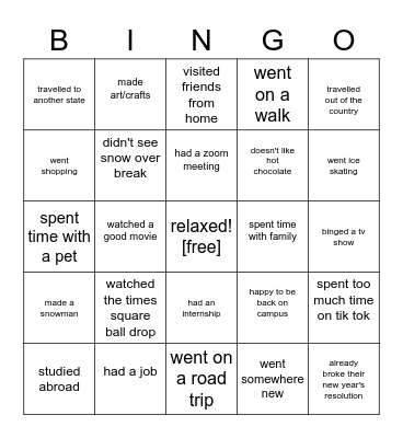 Library Ambassadors' Winter Break Bingo Card