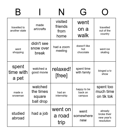 Library Ambassadors' Winter Break Bingo Card