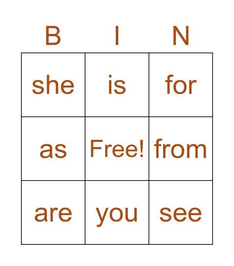 Words 1-50 Bingo Card