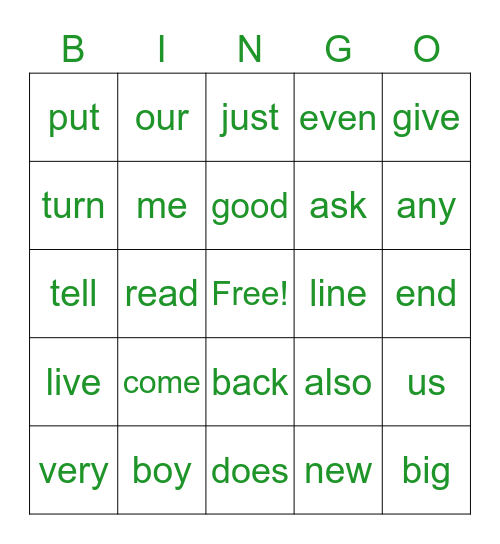 200 Words Bingo Card