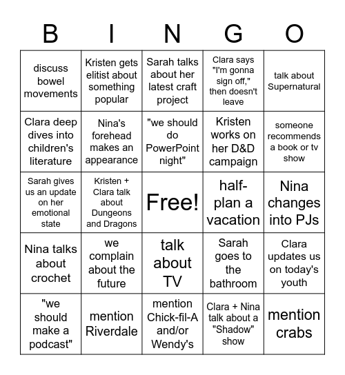 Shrimp Sisters Bingo Card