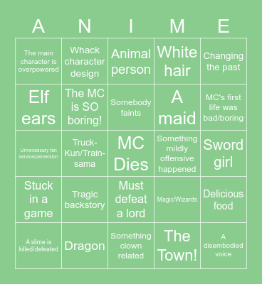 Isekai Anime Bingo Card