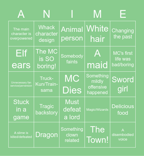 Isekai Anime Bingo Card