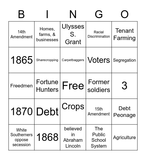 Rebuilding the South! Bingo Card