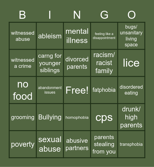 Satyr's Trauma Bingo Card