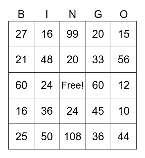 Multiplication Bingo Card