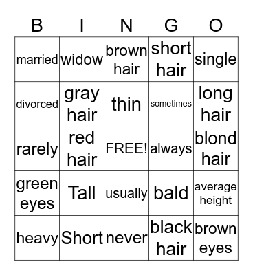 Describing People Bingo Card