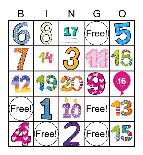 1 - 20! Bingo Card