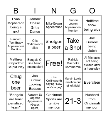 Super Bowl Bingo Card