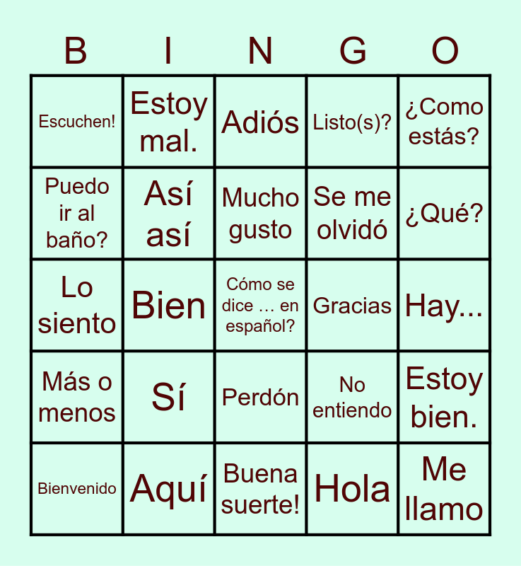 Basic Spanish Greetings (en español) Bingo Card
