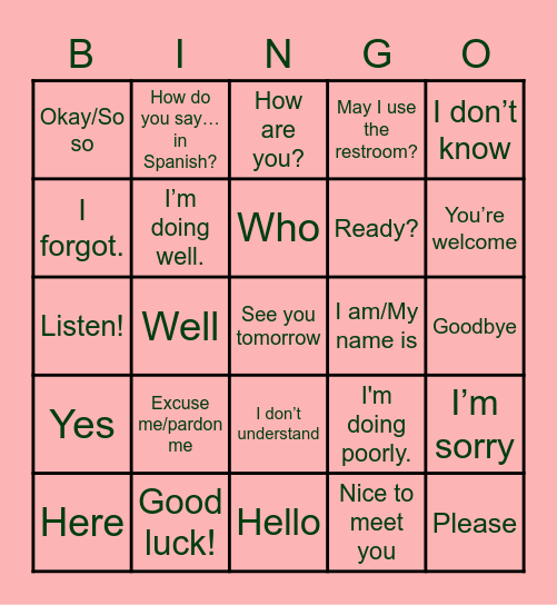 Basic Spanish Greetings (en inglés) Bingo Card