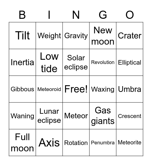Solar System Bingo Card
