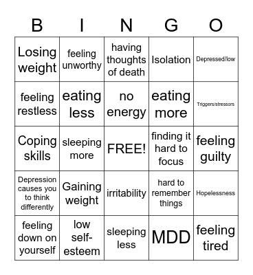 Depression Bingo Card