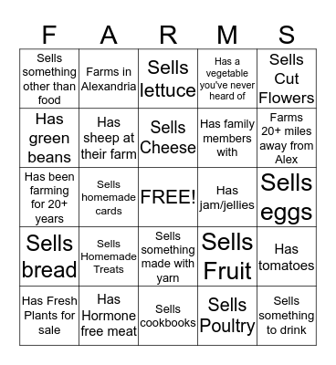 Farmers Market Bingo Card