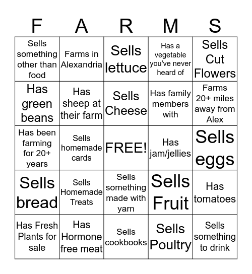 Farmers Market Bingo Card